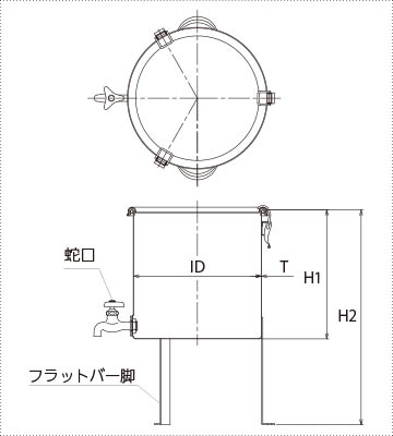 CTH-W-FL型式 蛇口付きクリップ密閉ステンレス容器（平鋼脚付）の寸法図・仕様図