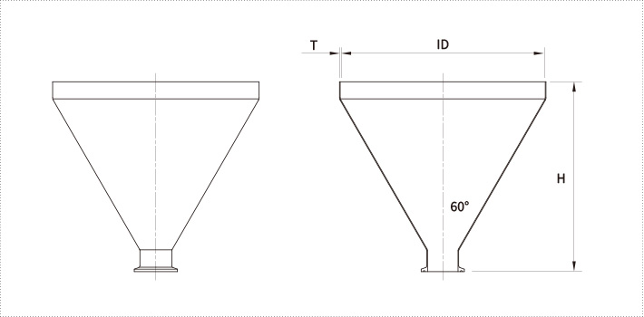 THT 投入ホッパー型ステンレス容器（ヘルール接続）｜60°ホッパー・寸法図