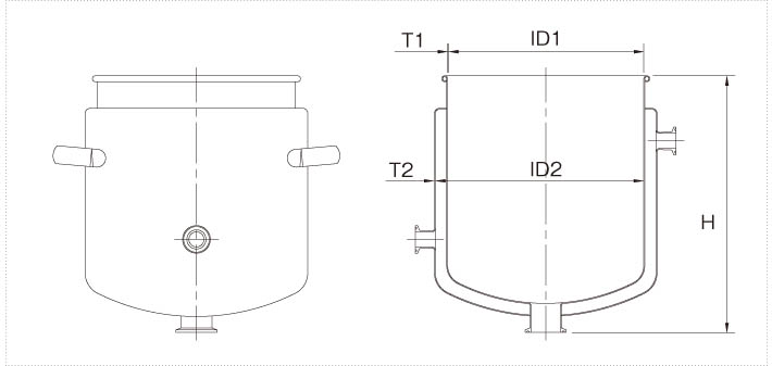 DTFPJ耐圧ジャケット鏡板型ステンレス容器 へルール接続 製品仕様図