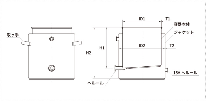KTPJ耐圧ジャケットスロープ容器 製品仕様図(寸法・容量・主要サイズ表記図)