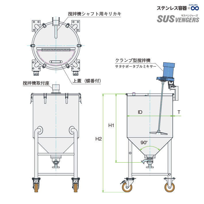 MU-HTB-N攪拌ユニット容器 タンク底バルブ付き脚付ホッパー型ステンレス容器と可搬型攪拌機の仕様図