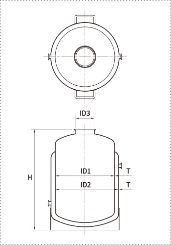 PVCJジャケット加圧容器（シングルポート） 仕様図｜本体ID・ジャケットID・ヘルール口径・全高・接続ノズル寸法
