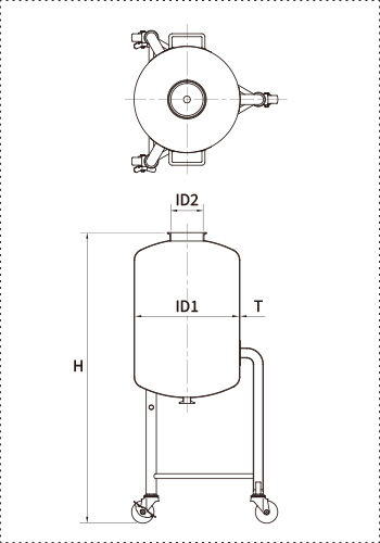 PVCL脚付加圧容器（シングルポート） 仕様図｜ID・ヘルール口径・全高・脚構成の寸法情報