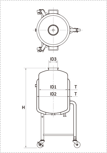PVCLJジャケット脚付加圧容器（シングルポート） 仕様図｜本体ID・ジャケットID・ヘルール口径・全高・ノズル寸法