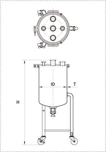 PVFL-BV ステンレス加圧容器 製品仕様図（脚付ヘルールオープン・タンク底ボールバルブ付き）
