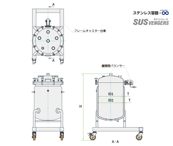 ジャケット付き ステンレス圧力容器 PVOLJ-YKジャケット脚付フランジオープン加圧容器・バランサー開閉 標準モデル