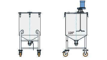 MU-HTTBV型 攪拌ユニット容器 脚付ホッパー容器 120°・タンク底ボールバルブ（マウント型、35L～500L）