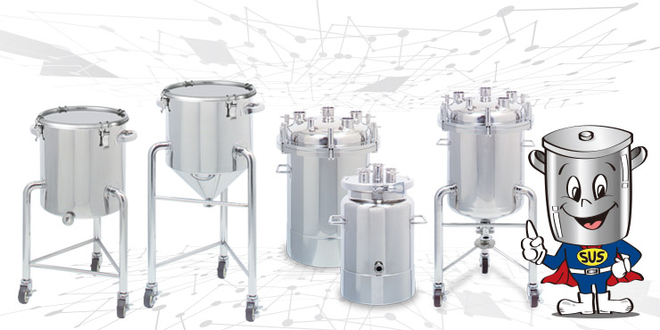 ステンレス容器マンと5種の容器が、現場の声から生まれたステンレス容器PLUS＋によるカスタマイズ対応を伝えるイメージ