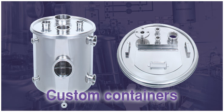 多様なヘルールや蓋部カスタマイズを施したステンレス容器とCustom Containersロゴで構成されたカスタム容器紹介イメージ